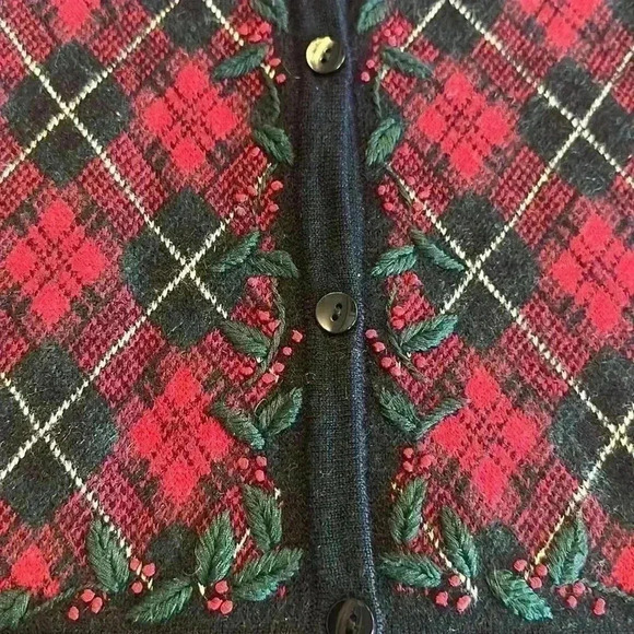 Talbots | Vintage 90’s Plaid Holiday Button Down Sweater, 100% Merino Wool - Picture 3 of 9